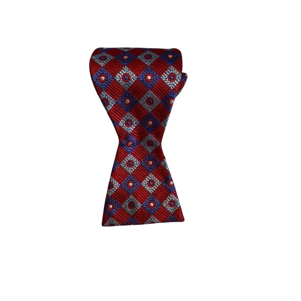 Rooster Mens Silk Bow Tie Red Blue Geometric Diamond Pattern Self Tie Adjustable